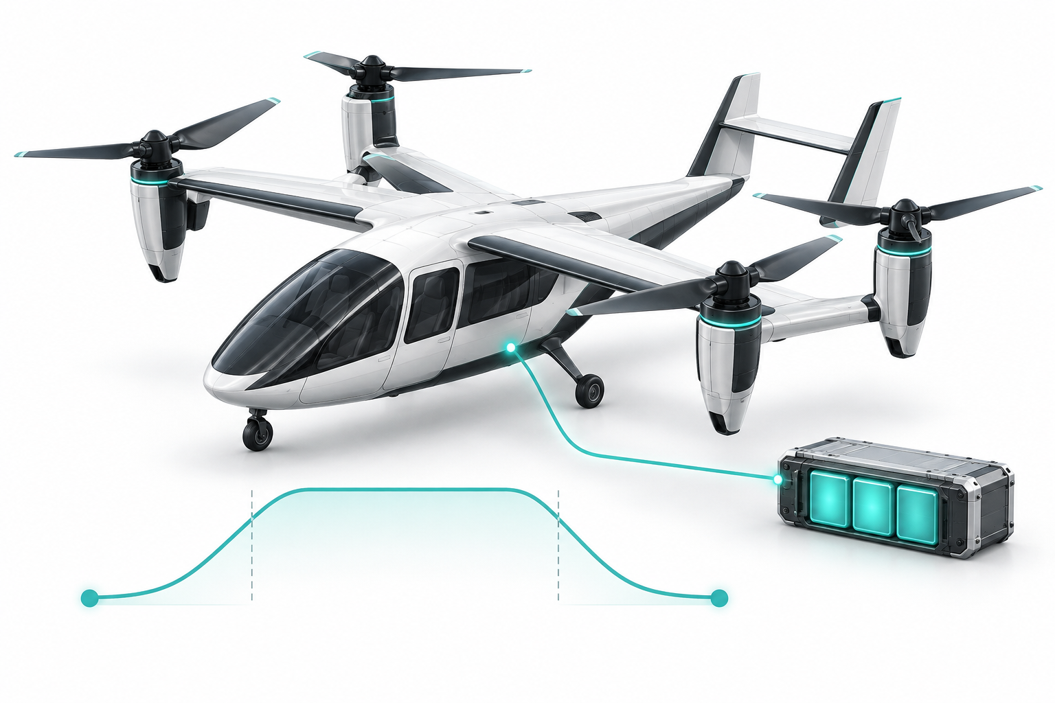 Concept illustration of a winged tilt-rotor eVTOL, its flight profile, and a connected battery pack.