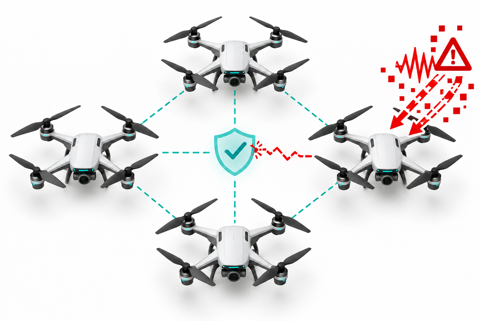 Concept illustration of cooperating UAVs and cyberattack mitigation.